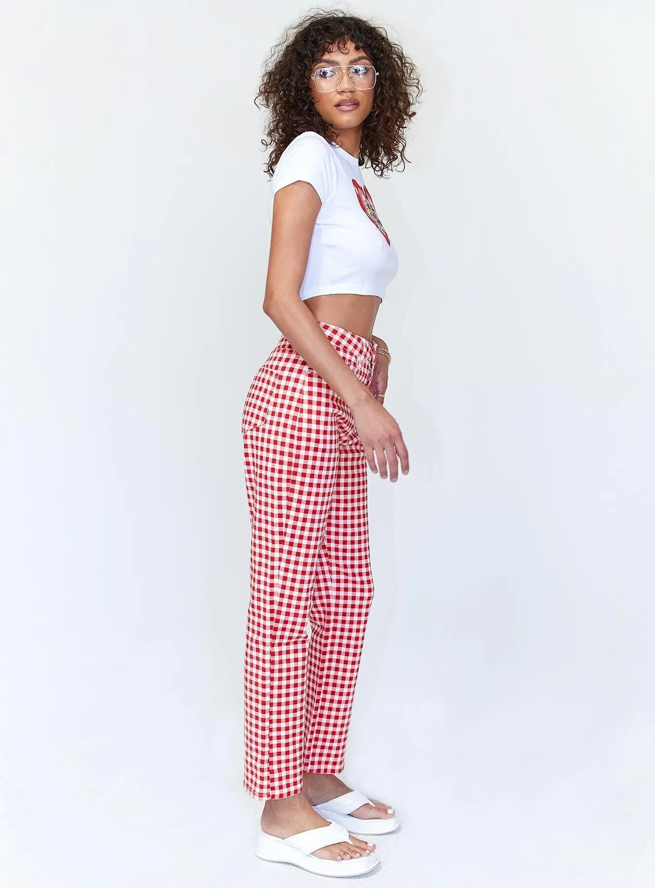 Weighted Hemline Relaxed Style Smart Casual Minimalist Style Kendra Gingham Denim Jeans Red
