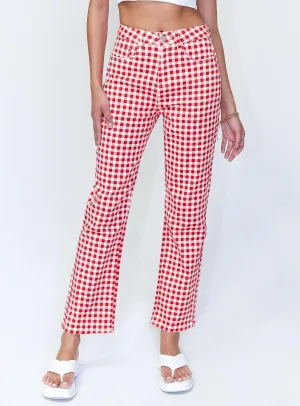 Kendra Gingham Denim Jeans Red High-End Style All Day Comfort Design