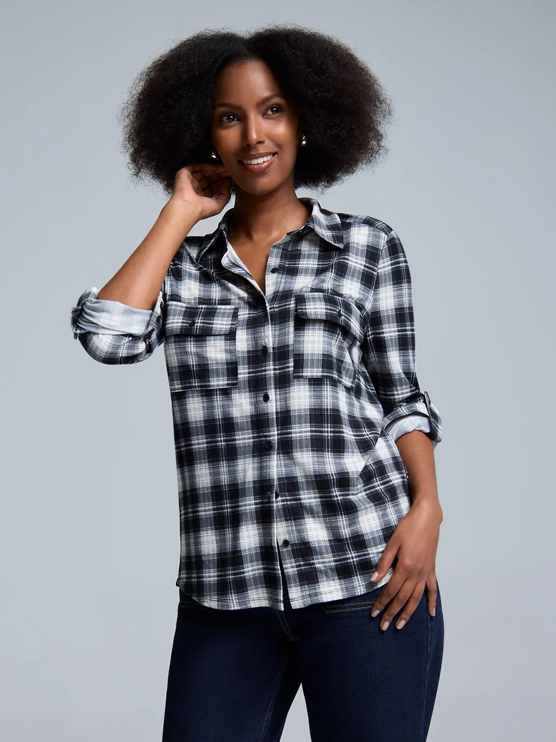 Design Edge Button-Up Dark Plaid Shirt