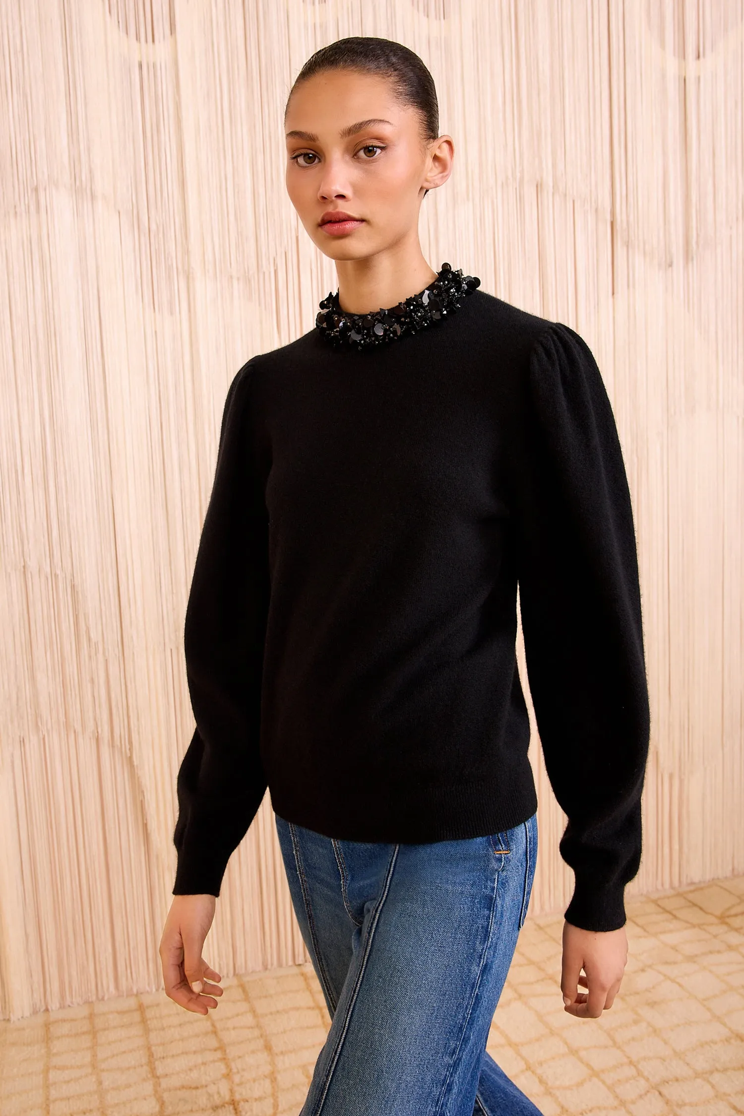 Kalani Embroidered Cashmere Long Sleeve - Noir FlatlockStitching