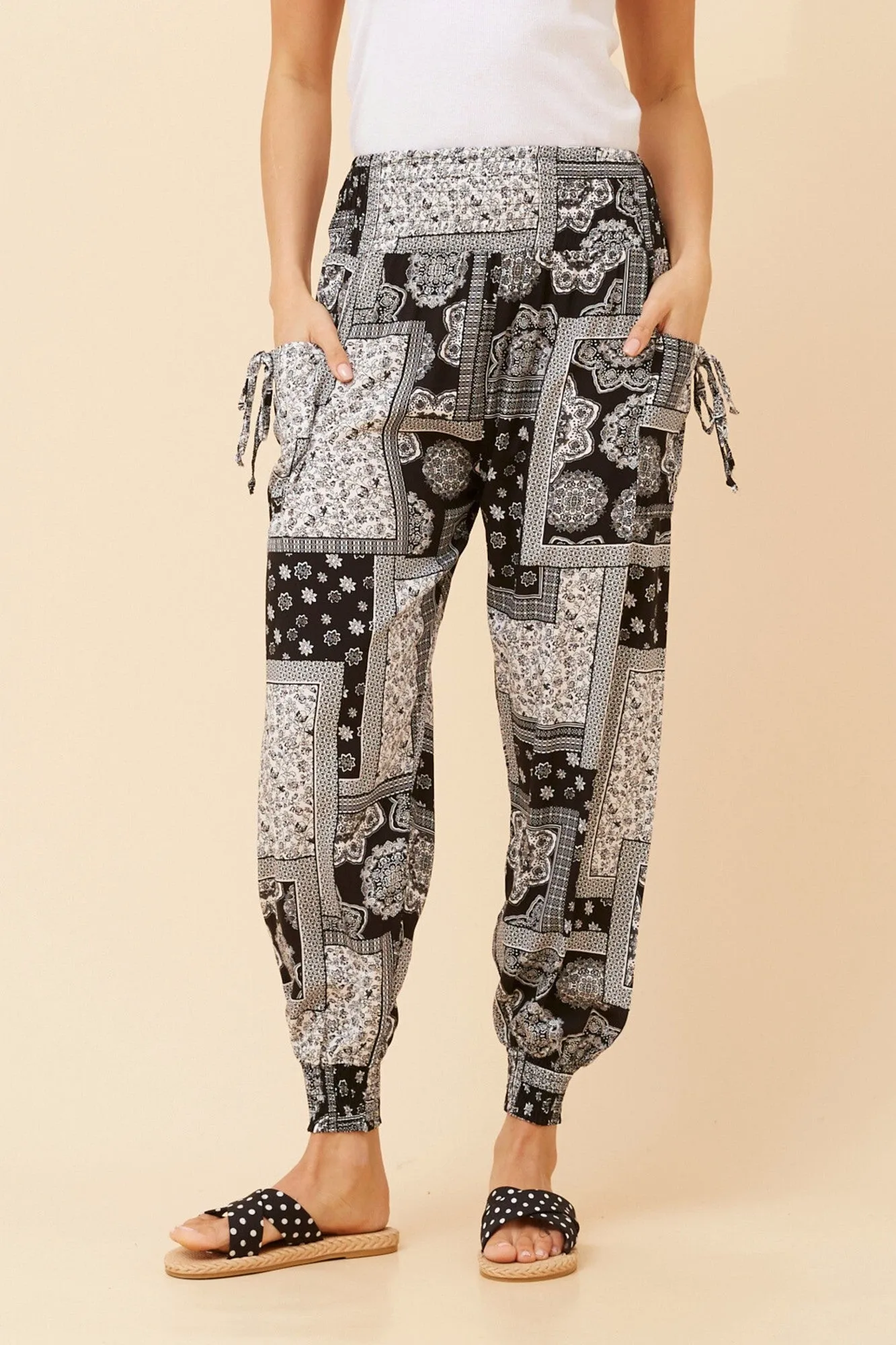 PATCHWORK PRINT HAREM PANTS HiddenPockets Sporty Comfort