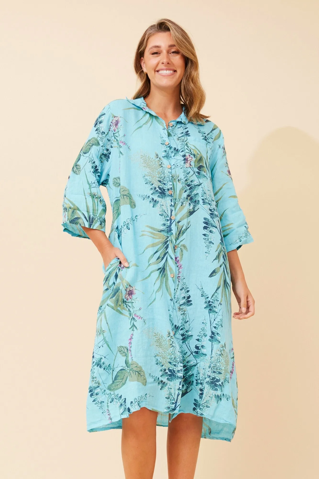 Elegant Silhouette A-Line ELOSIA LEAF PRINT  LINEN DRESS