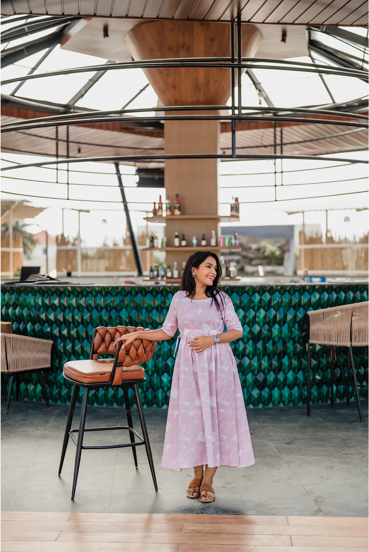 Flow Line Soft Focus Light Pink Cotton Blend Dress with Round Neck & Fabric Rope Tie