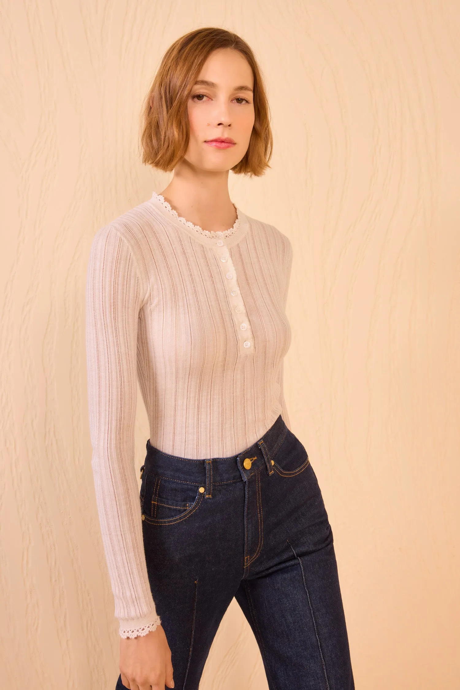 Delia Long Sleeve Henley Knit Top - Pristine Reflective accents Noble Core