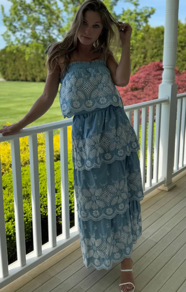 Joy Mood Sophisticated Style Chambray Embroidered Maxi Skirt Set