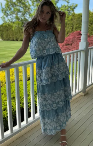 Joy Mood Sophisticated Style Chambray Embroidered Maxi Skirt Set