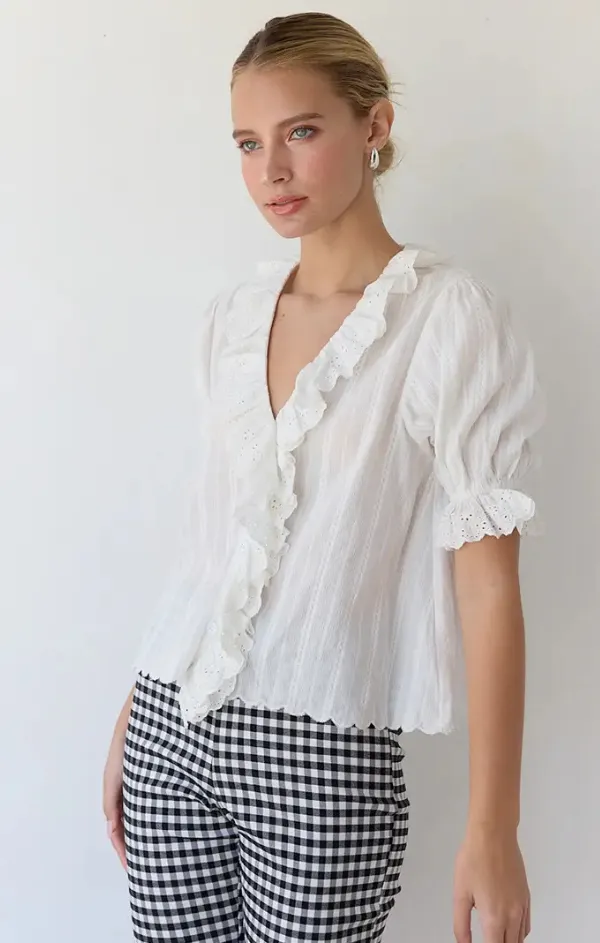 Viola V Neck Ruffle Blouse Sheer Fit Daily Wear