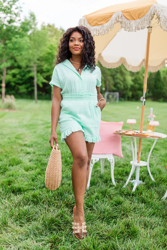 CompressionKnit Stop And Stare Mint Flutter Hem Collared Romper FINAL SALE