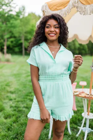Stylish Dress Stop And Stare Mint Flutter Hem Collared Romper FINAL SALE