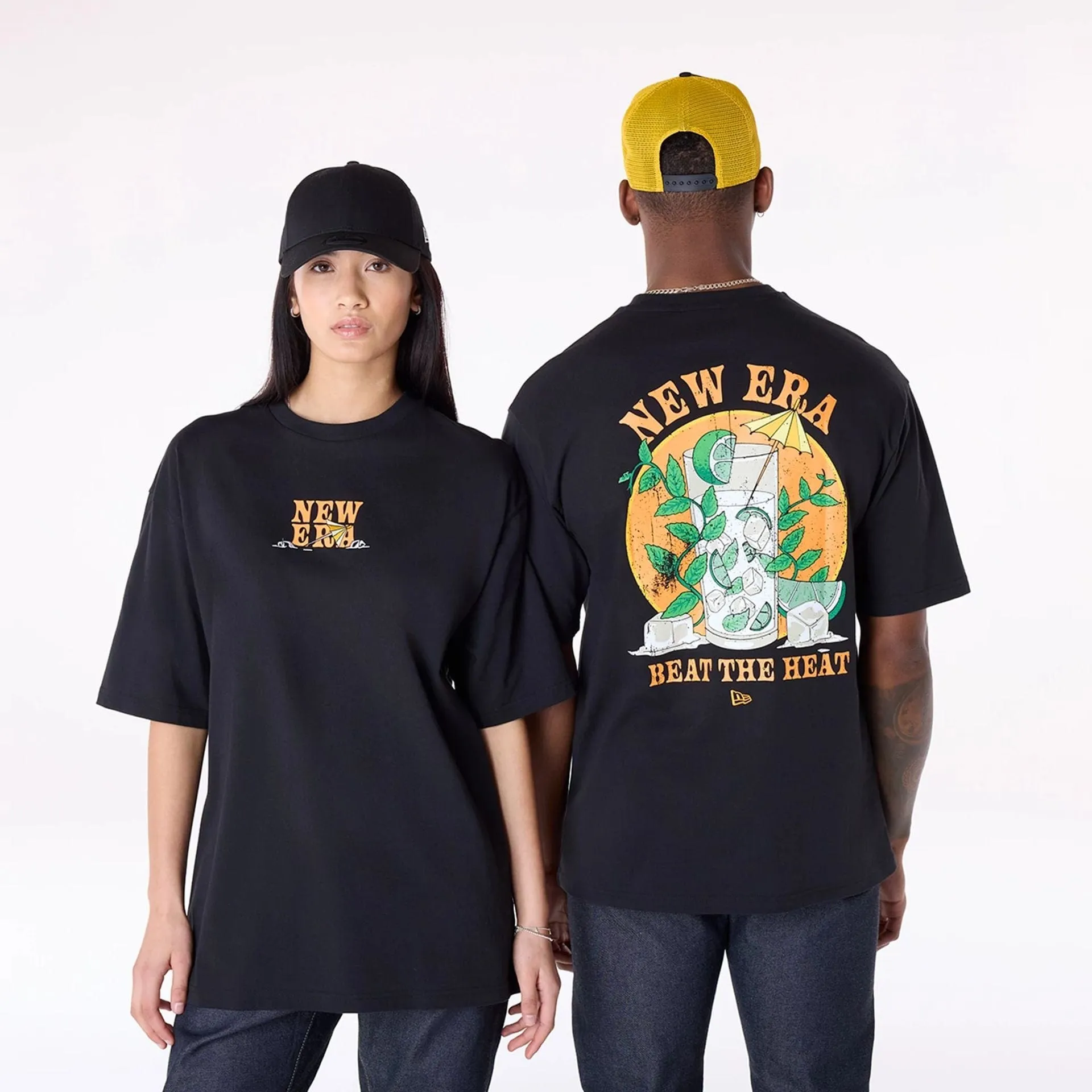 Fashion-Ready Breathable knit New Era Drink Graphic Black Oversized T-Shirt