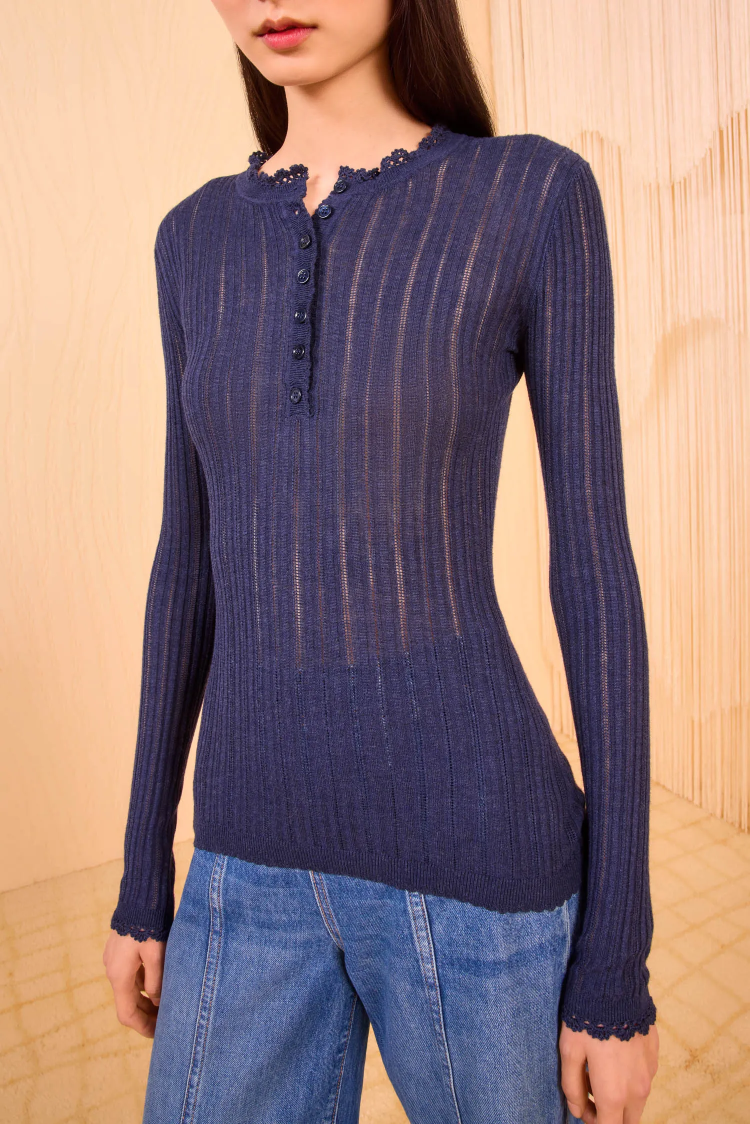 Lightweight insulation Delia Long Sleeve Henley Knit Top - Midnight