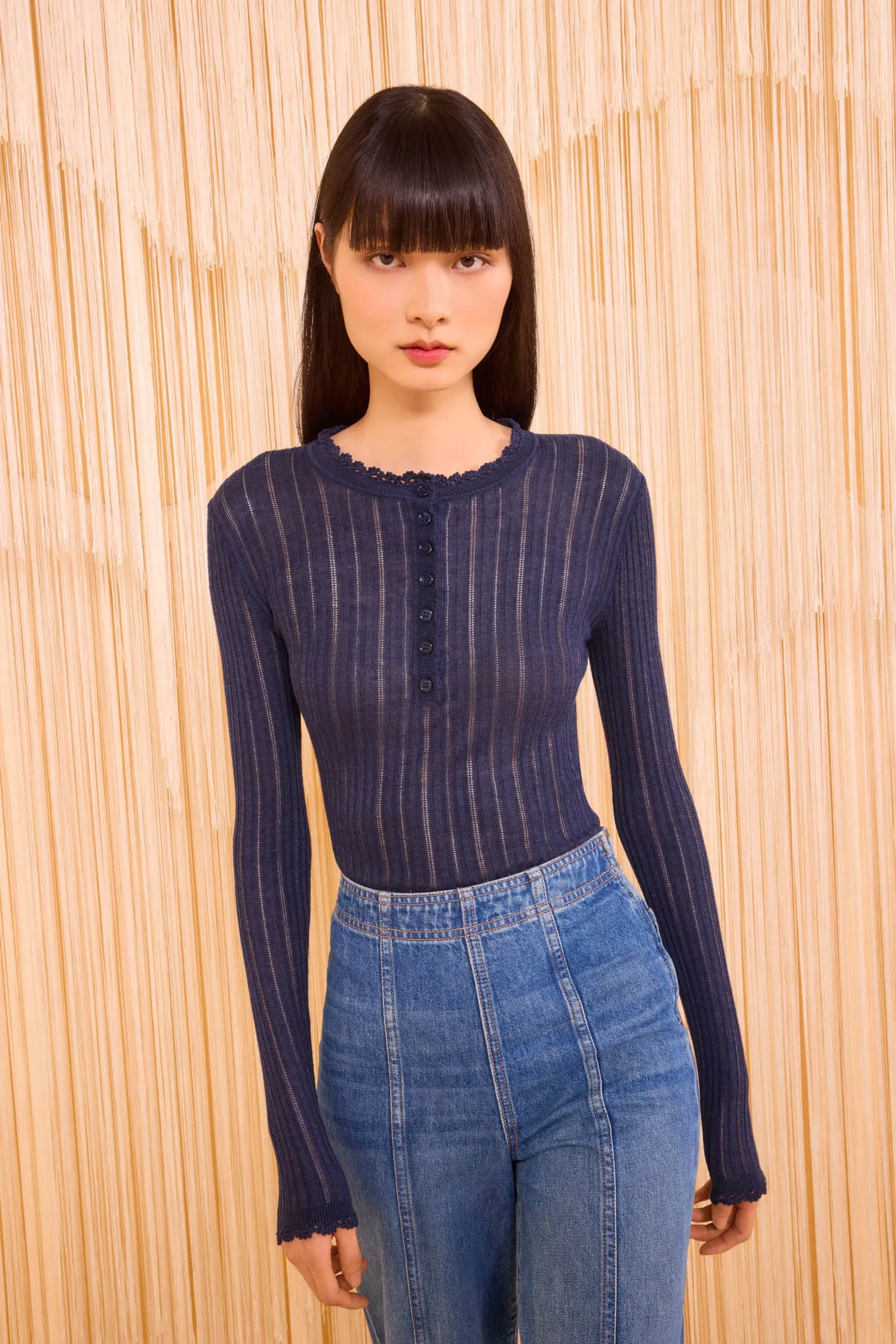 Delia Long Sleeve Henley Knit Top - Midnight Natural Fiber Blend