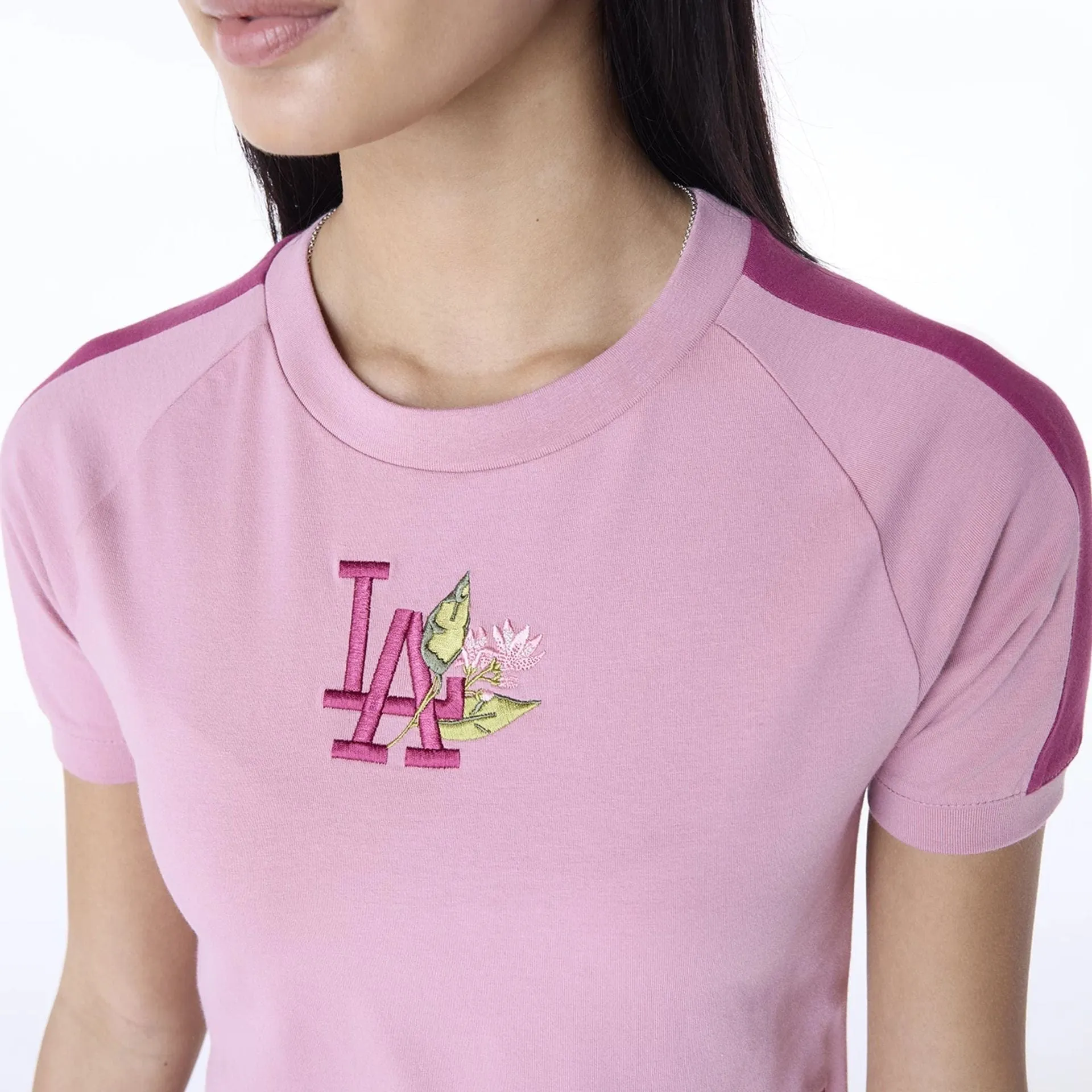 Curved Hem Embroidered LA Dodgers Womens MLB Floral Dark Pink T-Shirt