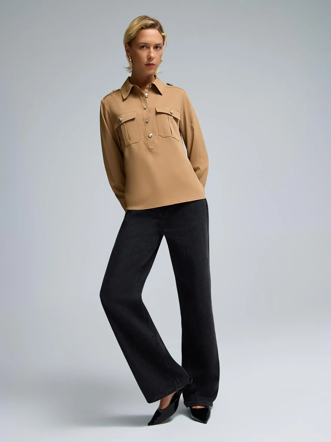 Twill Popover Blouse elastic waistband