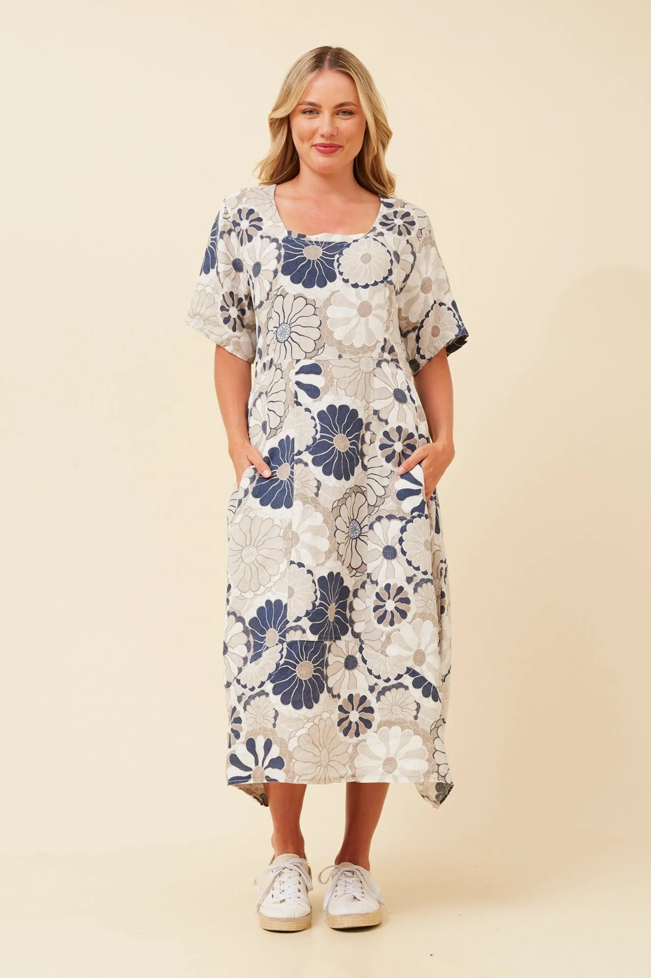 VAL FLORAL LINEN DRESS Elastic-Cuff
