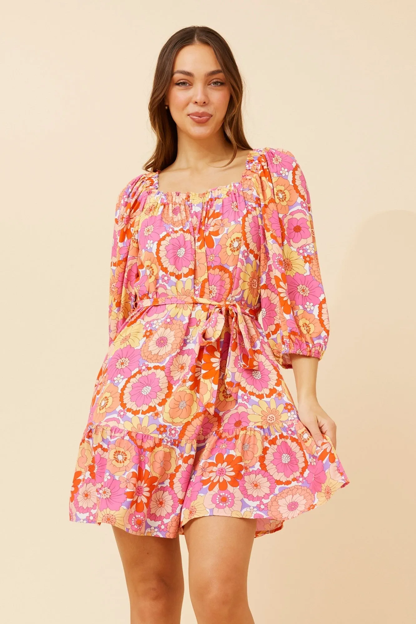 High-waisted evening piece KIMAYA OFF-SHOULDER LINEN BLEND DRESS