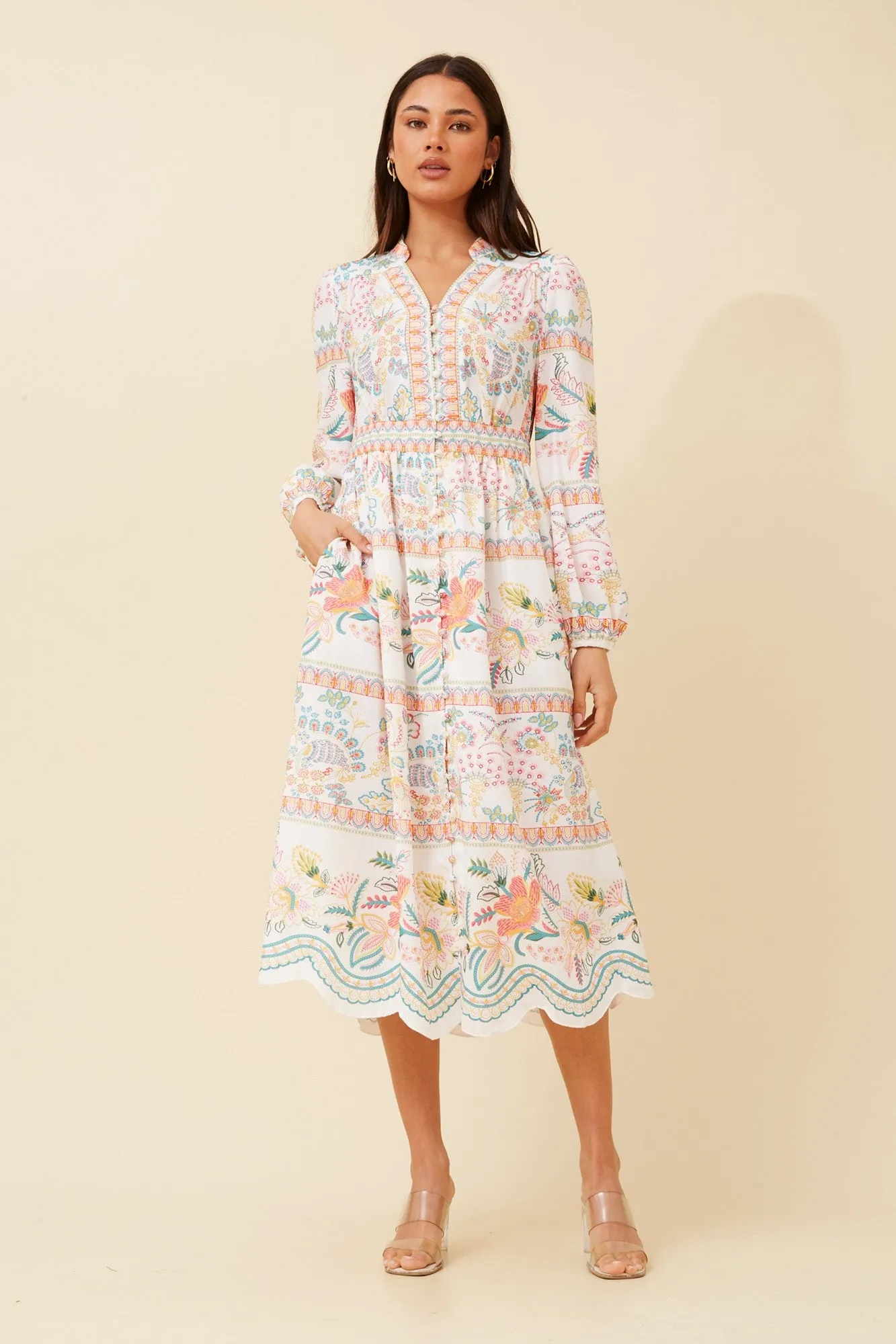 Striped-Pattern Chilly Weather Wear SUNLIT BORDER PRINT MAXI DRESS