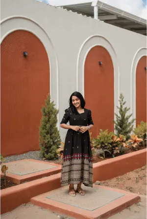 Moment Light Starlight Black Handloom Dress with Sweetheart Neck & Leg-O-Mutton Sleeves