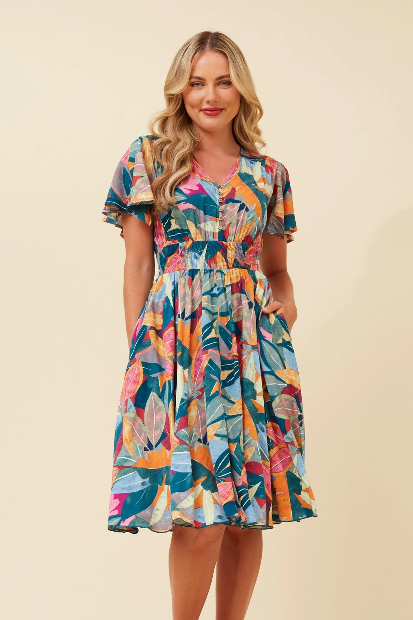 Mixed Fabric SANDY LEAF PRINT DRESS