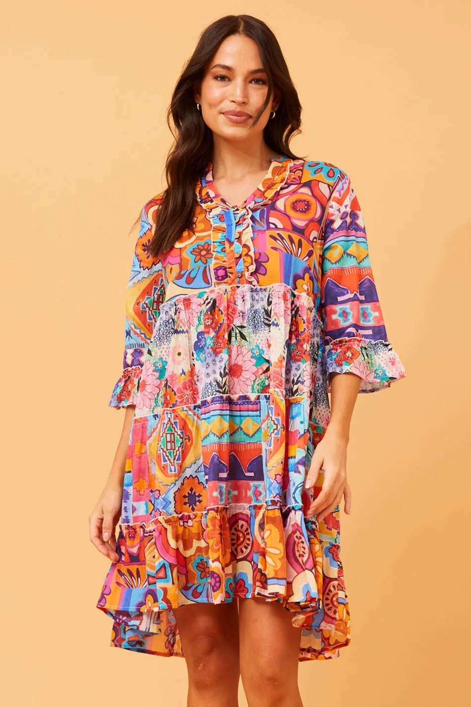 Beaded-Sleeve One-Shoulder TAJ PATCHWORK PRINT SHORT DRESS