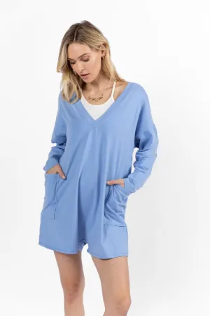 Fairy Core MoistureWickingMaterial On A Daily Basis Indigo Deep V-Neck Pocketed Long Sleeve Romper FINAL SALE