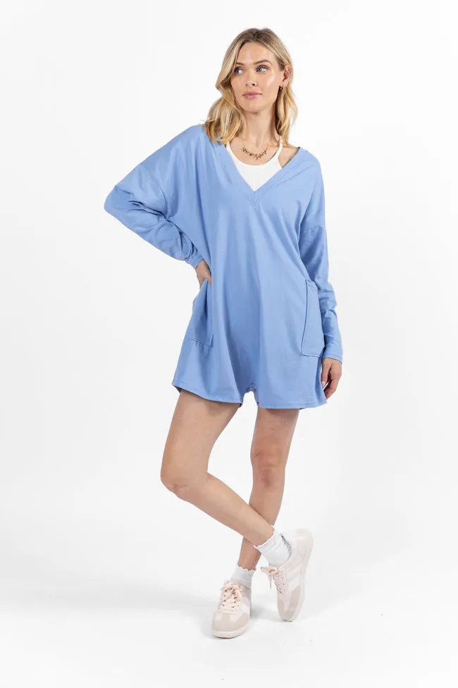 On A Daily Basis Indigo Deep V-Neck Pocketed Long Sleeve Romper FINAL SALE MultiPocket Warm Outerwear