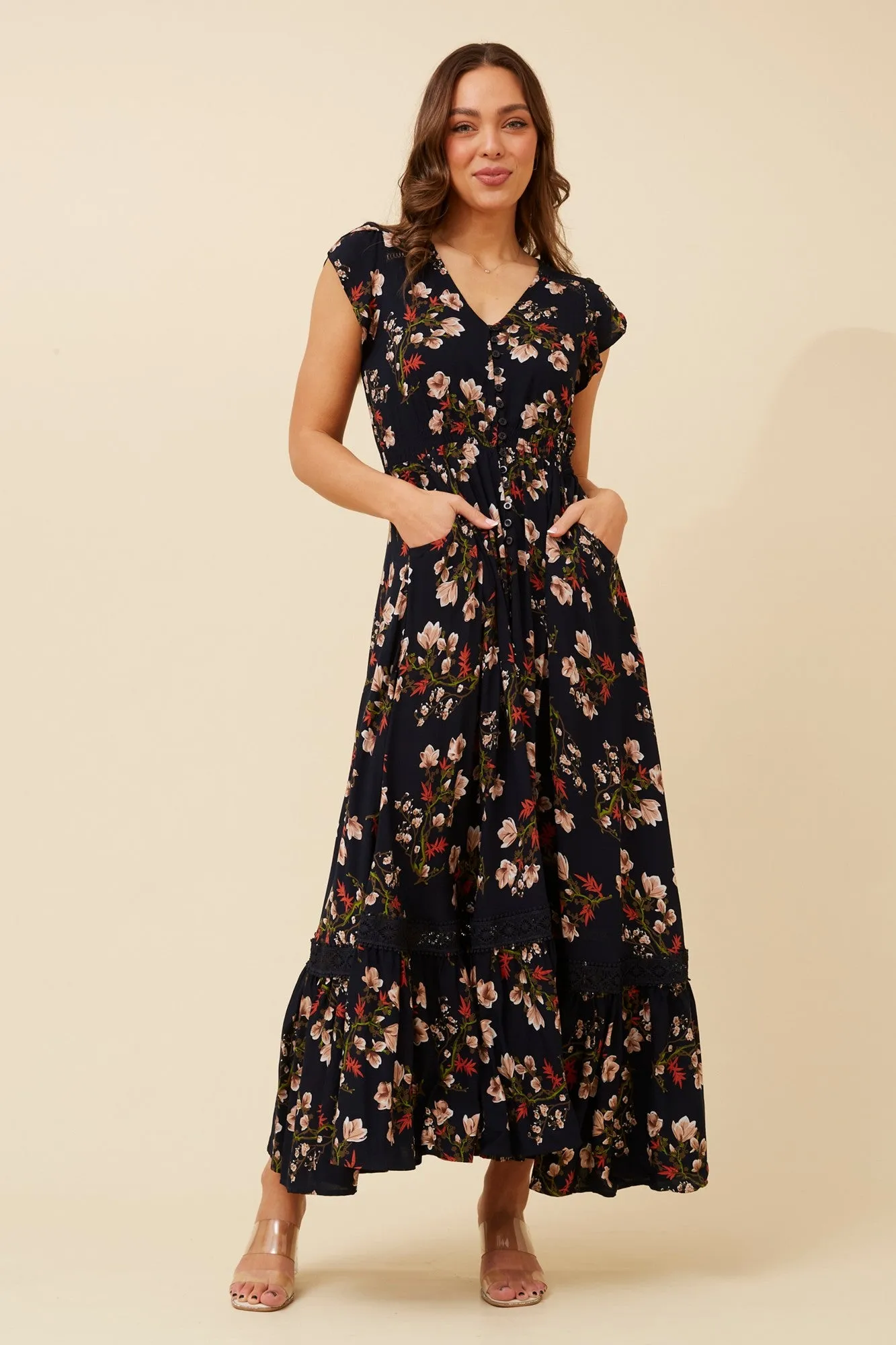 Relaxed Layer Olive Tone MOROCCO FLORAL MAXI DRESS