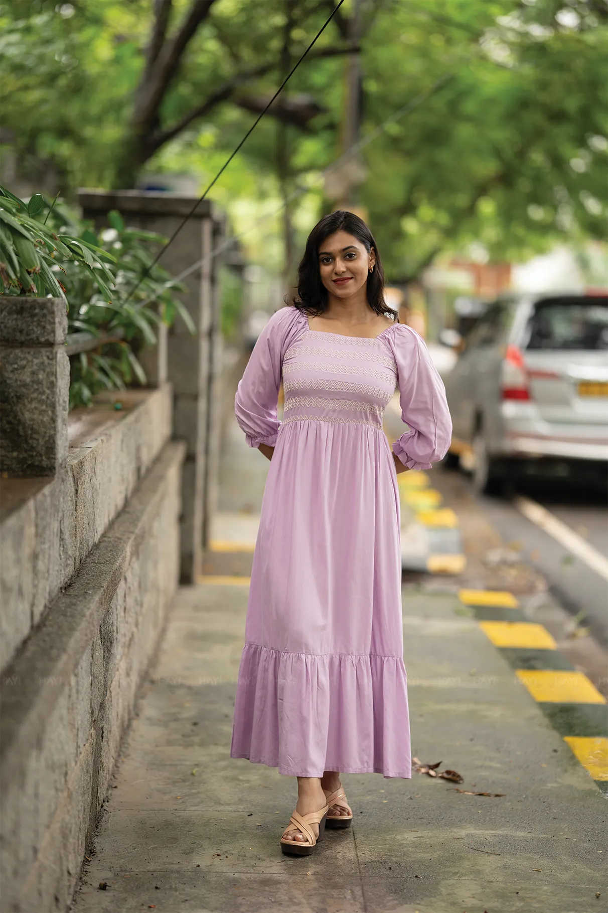 Fresh Outfit Comfortable casual dress Lavender Fantasy Viscose Dress with Shoulder Elastic & Embroidery