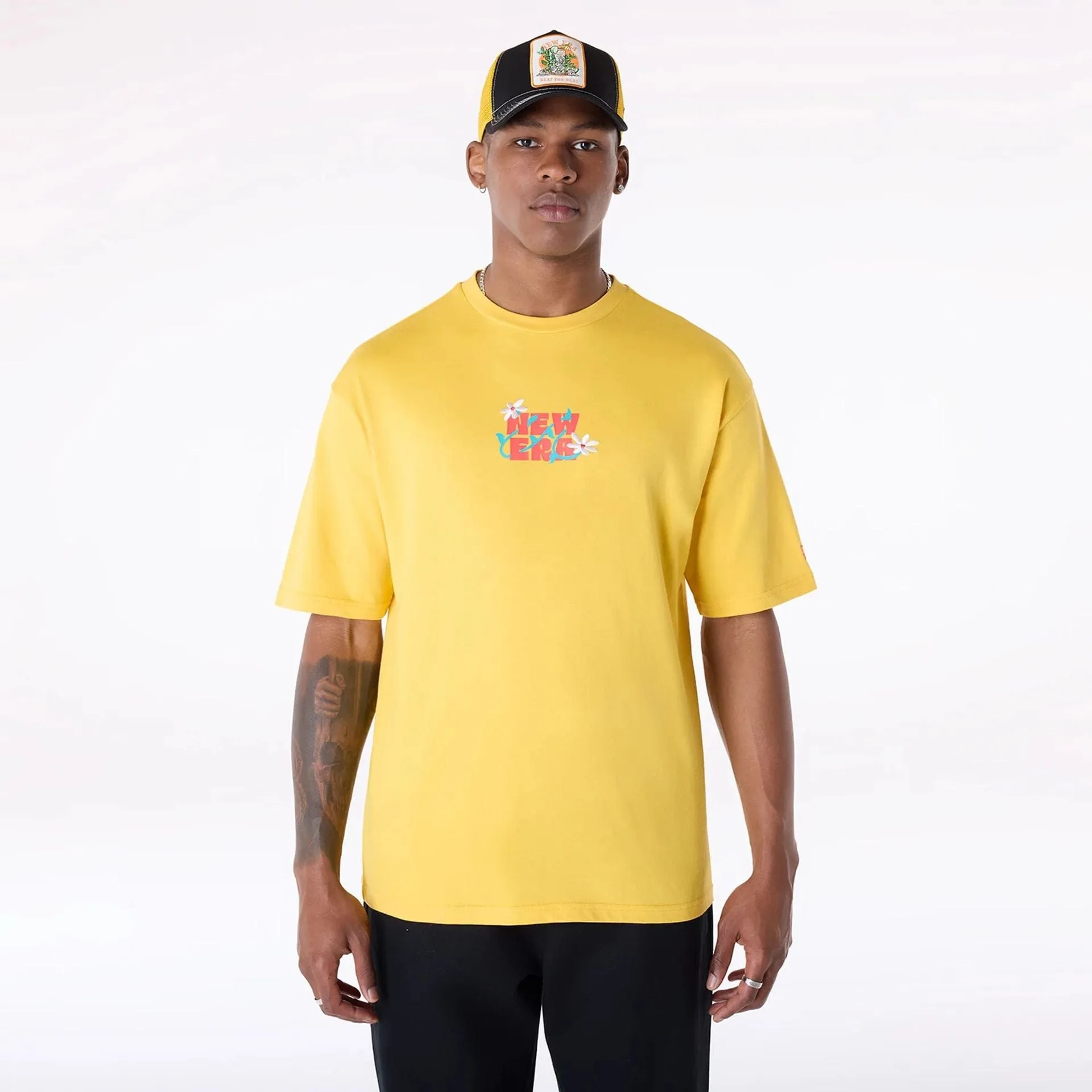 New Era Drink Graphic Yellow Oversized T-Shirt Sustainable Dye Process WrinkleFreeFabric