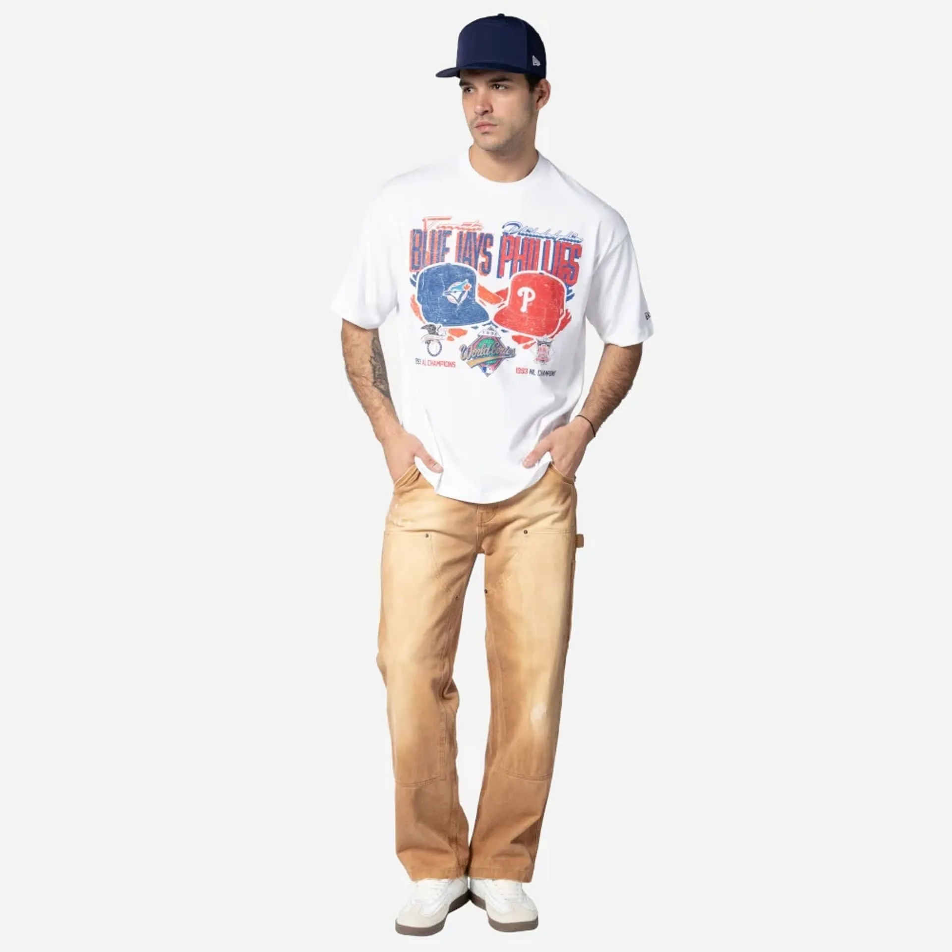 Toronto Blue Jays VS Philadelphia Phillies MLB Dueling Logos Sport Classic White T-Shirt Wicking Interlock Knit Layered Shoulder Design