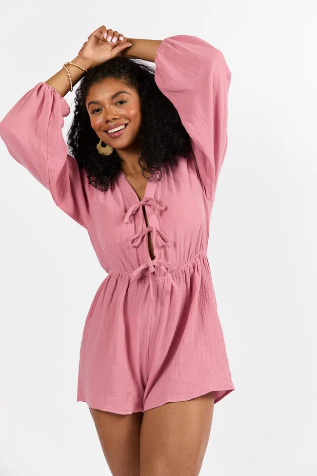 Pure Cotton SustainableTextiles Endless Sunshine Pink Tie Front Long Sleeve Romper FINAL SALE