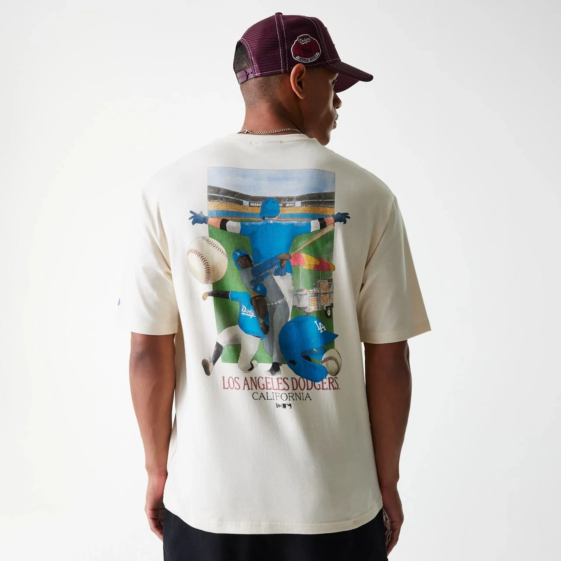 LA Dodgers MLB Baseball Graphic Light Beige Oversized T-Shirt Layered Wear