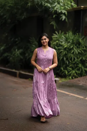 Lazy Pick Wisteria Haze Lavender Viscose Dress with Chinese Collar & V-Cut Detached 3/4th Sleeves