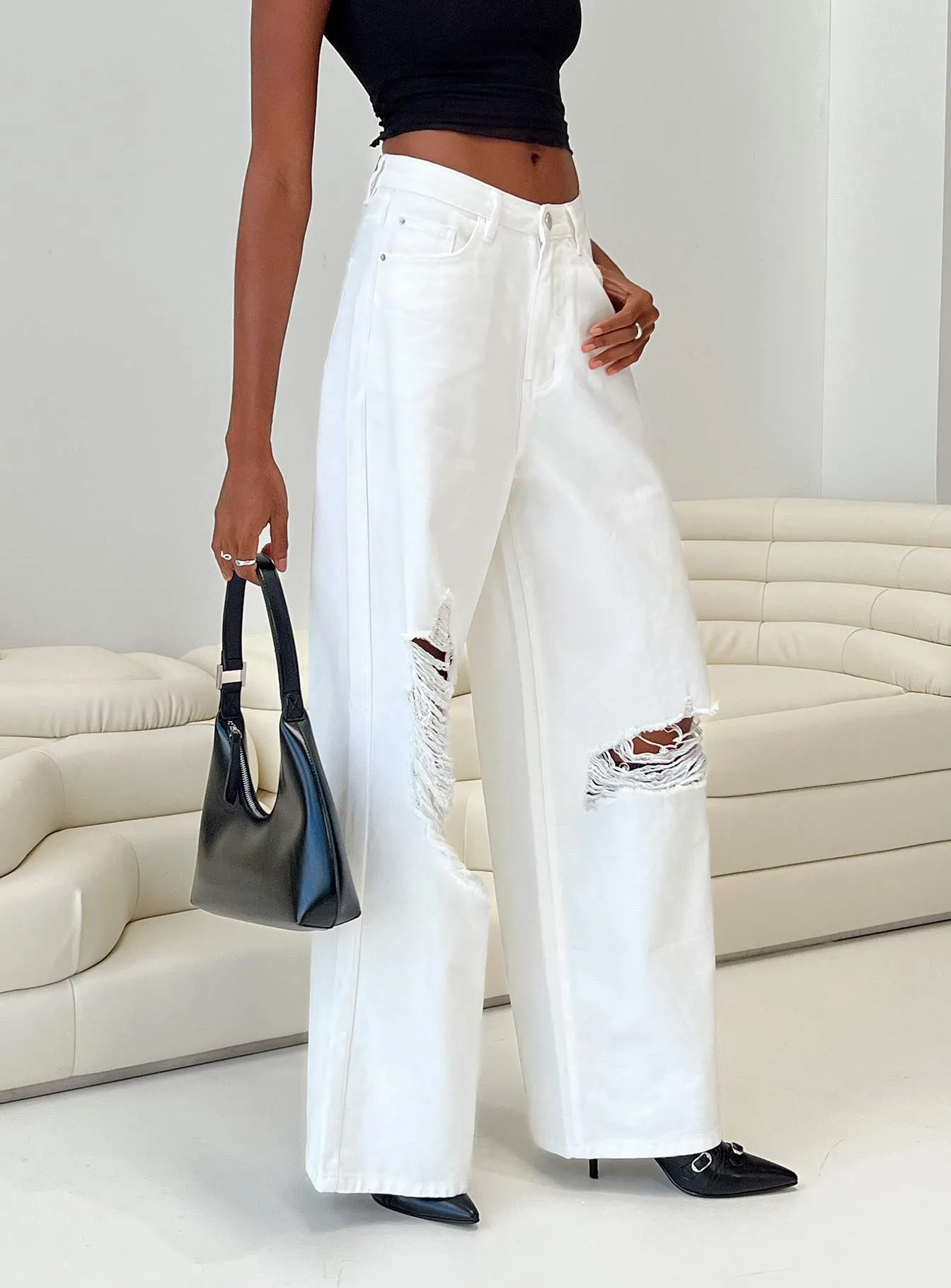 Chavez Wide Leg Jeans White Denim Mid Rise Structure