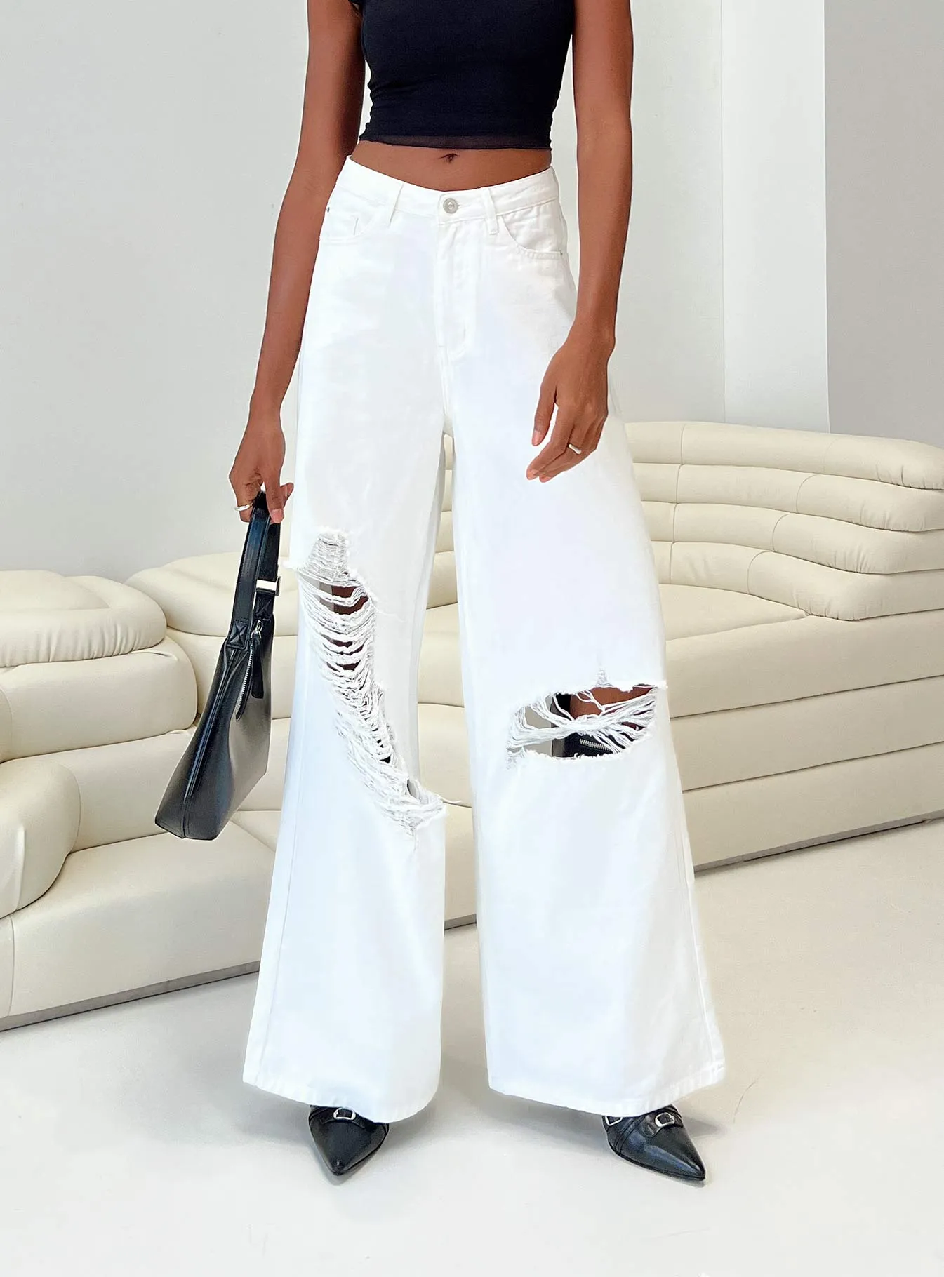 Chavez Wide Leg Jeans White Denim Durable piece Soft Aesthetic