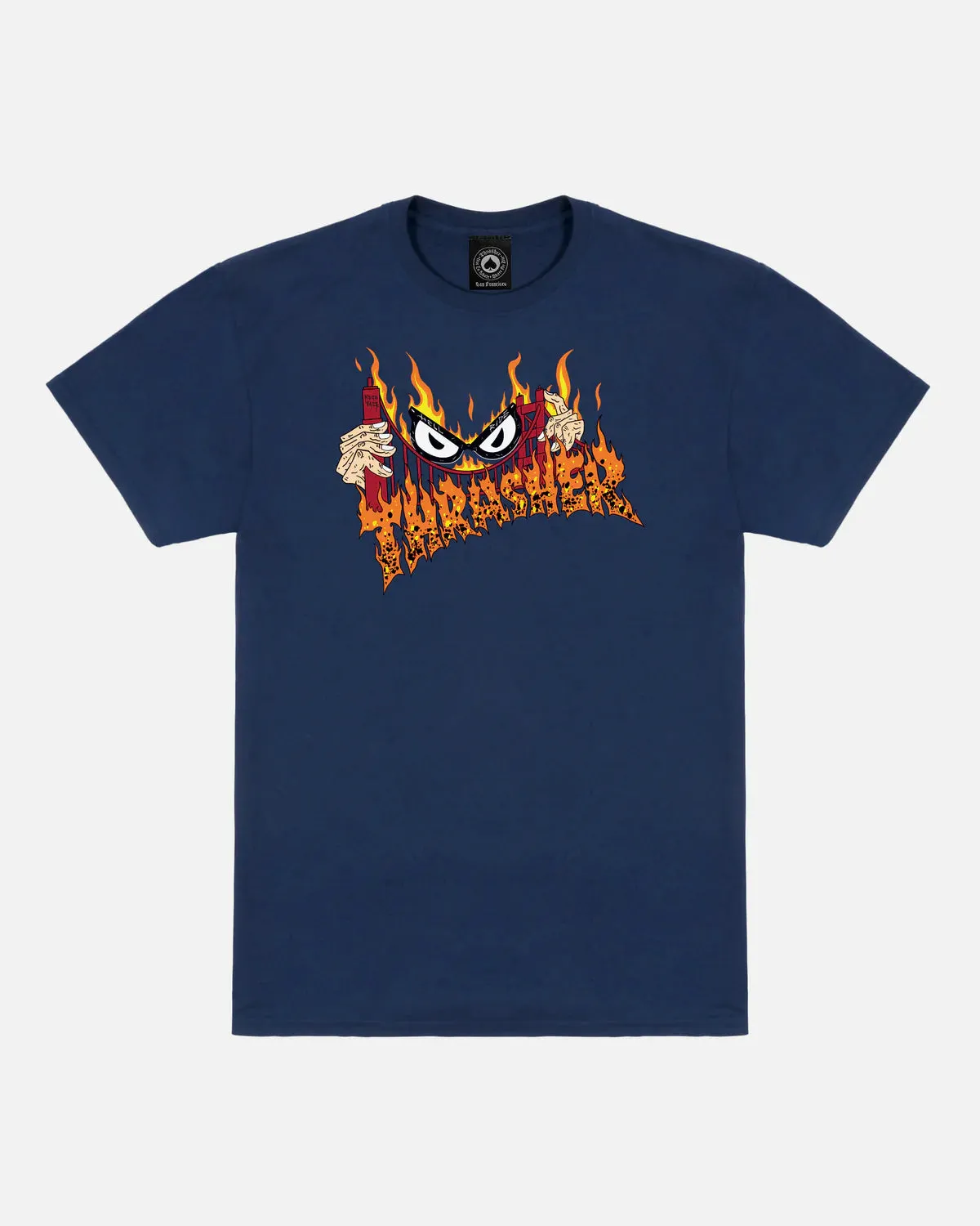 THRASHER SUCKA FREE BY NECKFACE T-SHIRT (NVY) ZeroChafeSeams LayeredConstruction
