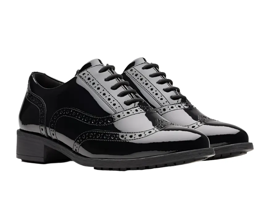 Clarks Womens Shoe Havisham Oak Black Patent Friend Jog Break Walk