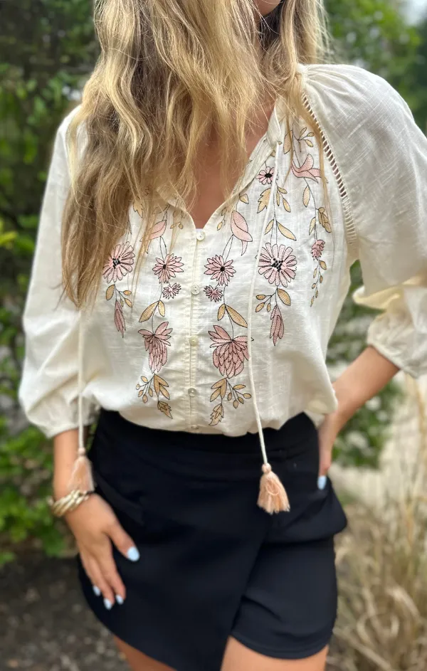 SoftTouch Adjustable Drawcord Verbena Floral Embroidered Blouse