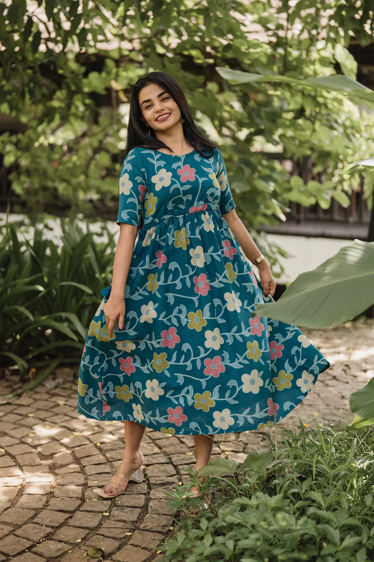 Tassel Chic Blue Cotton Dress with U-Neckline & Double Tassel Rope Fall Tone Versatile Wearable