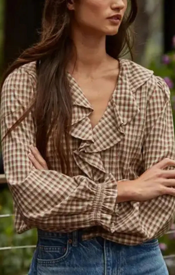 Organic Cotton Certification Fashionable Skirt Cotton Gingham Ruffle Blouse