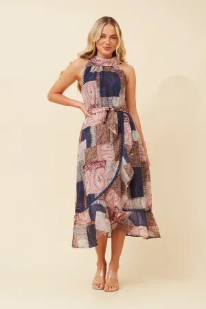 RIO PATCHWORK PRINT MIDI DRESS Fashion-forward day dress V-Neck