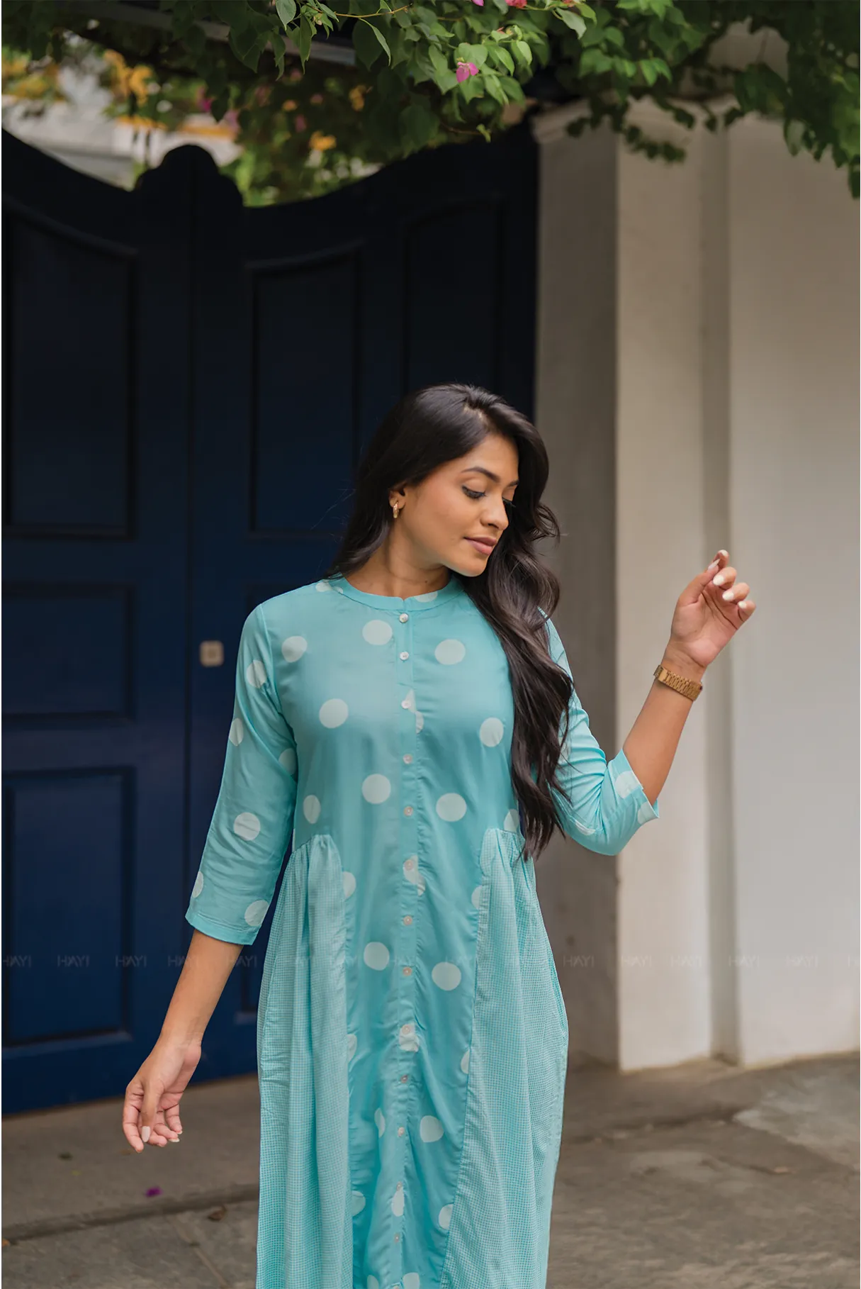 Fog Blue with Mist Pleats printed Viscose A-line Dress Comfy Comfort