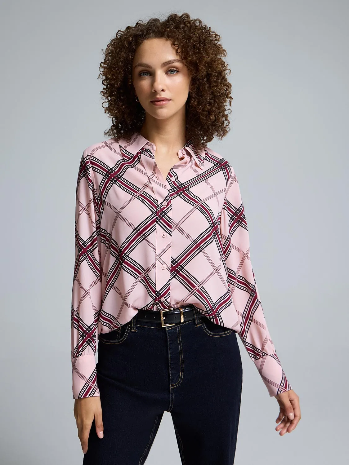 Plaid Button-Front Chiffon Blouse MatteFinishTexture