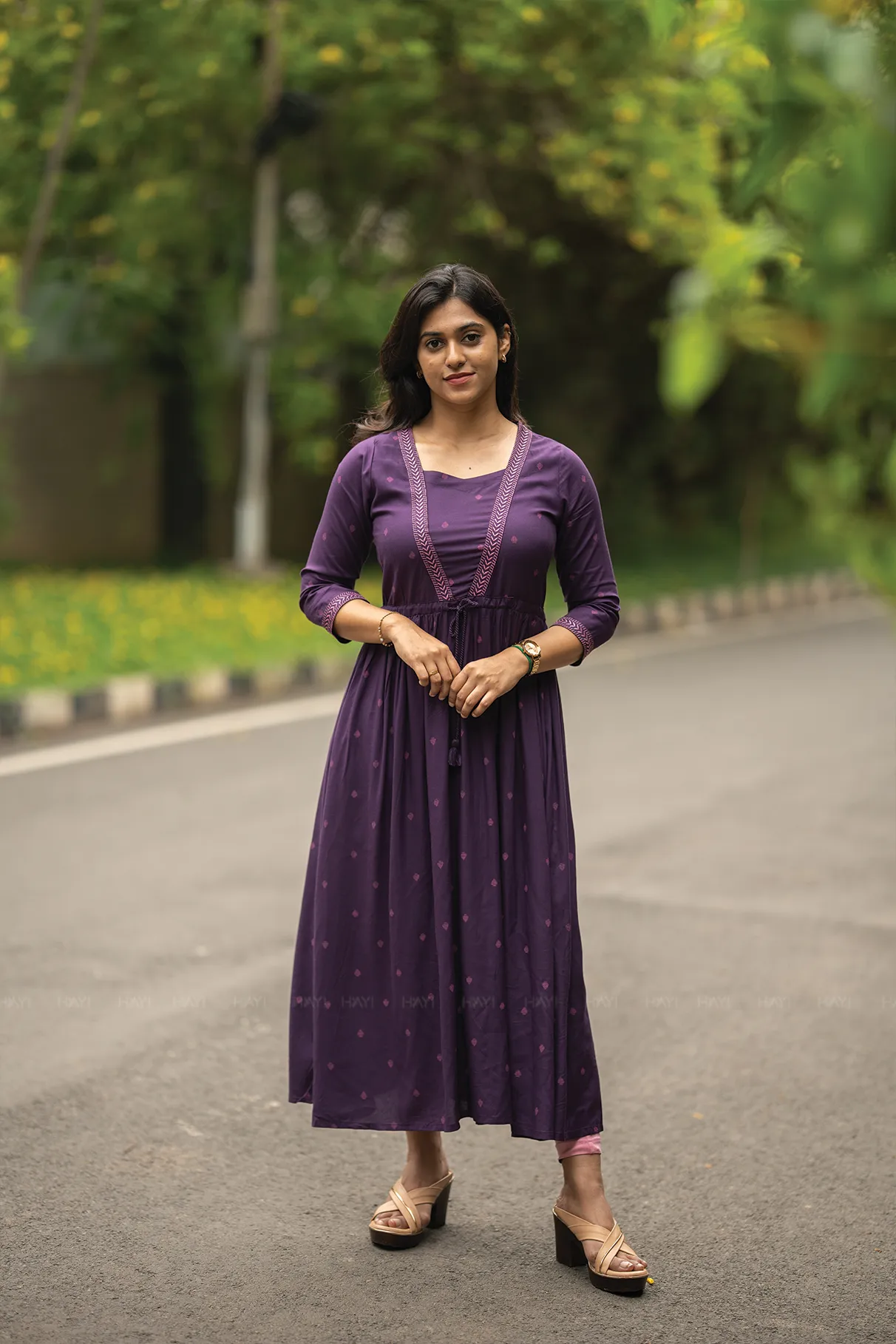 Violet Haze Viscose Dress with Sweetheart Neck & Embroidery Celebration Wear