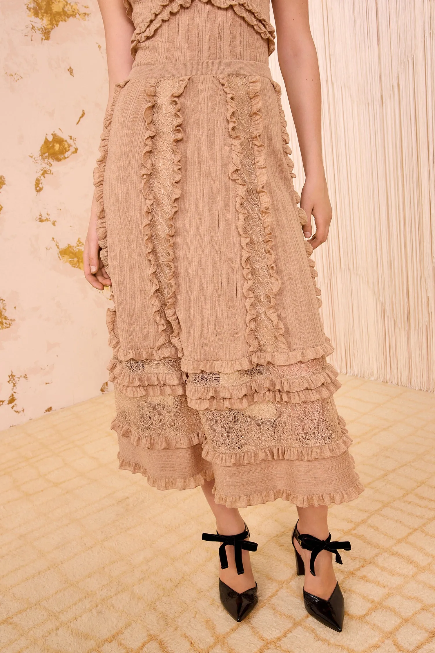 Vivian Knit High Waist Midi Skirt - Camel Melange Insulated Jacket