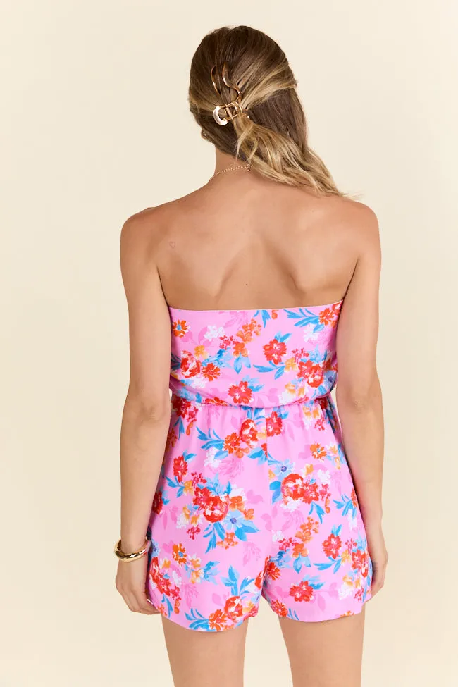 Denim Cool Clear Glow Waiting For Fun Strapless Pink Floral Romper FINAL SALE