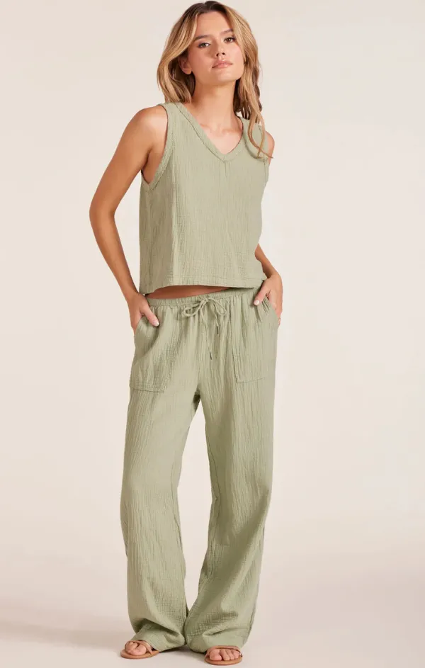 Wide Leg Pant with Small Waistband in Juniper Stretch Comfort Lightweight Fabric