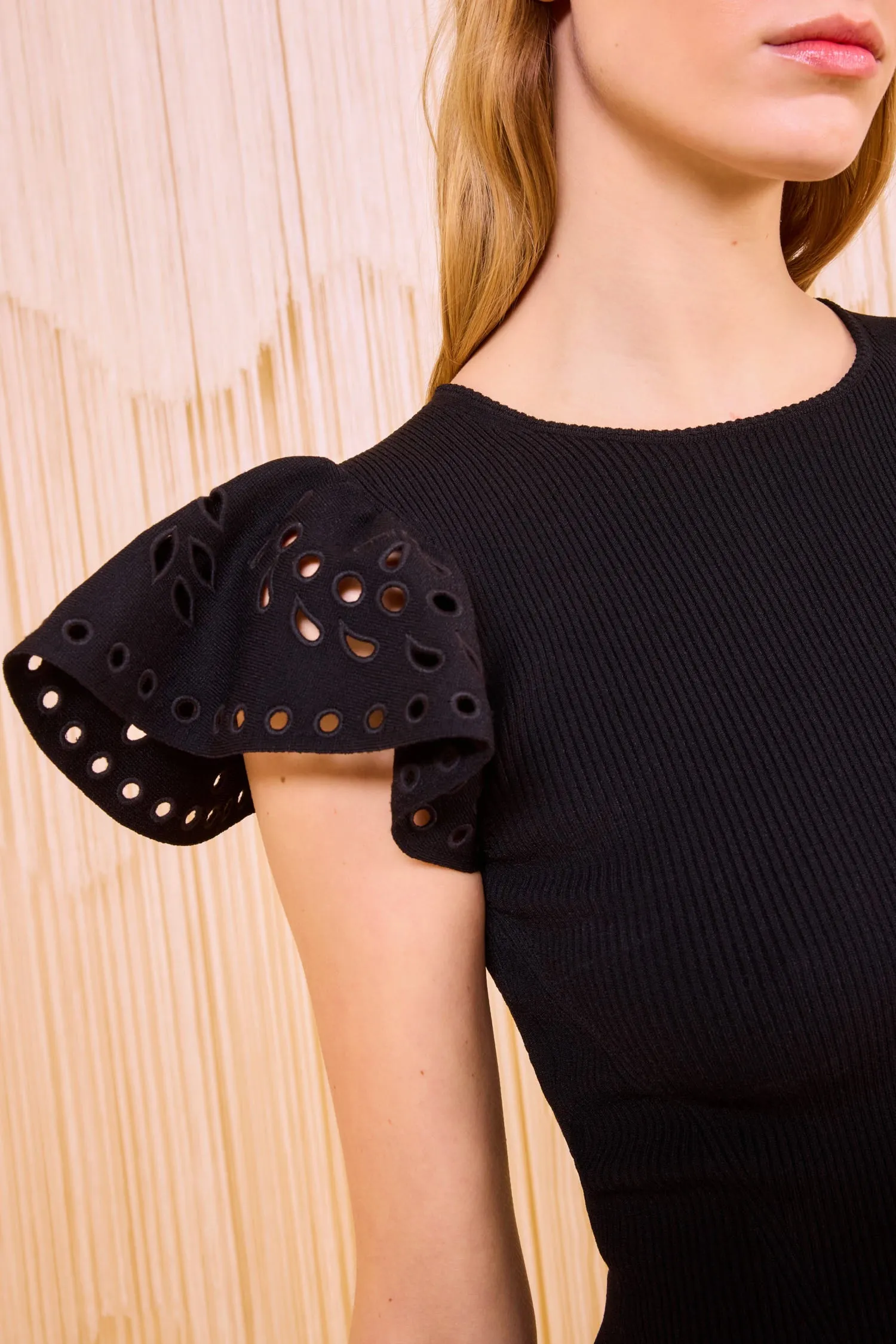 Edith Ruffle Sleeve Knit Top - Noir Compression Fit QuickDry Technology