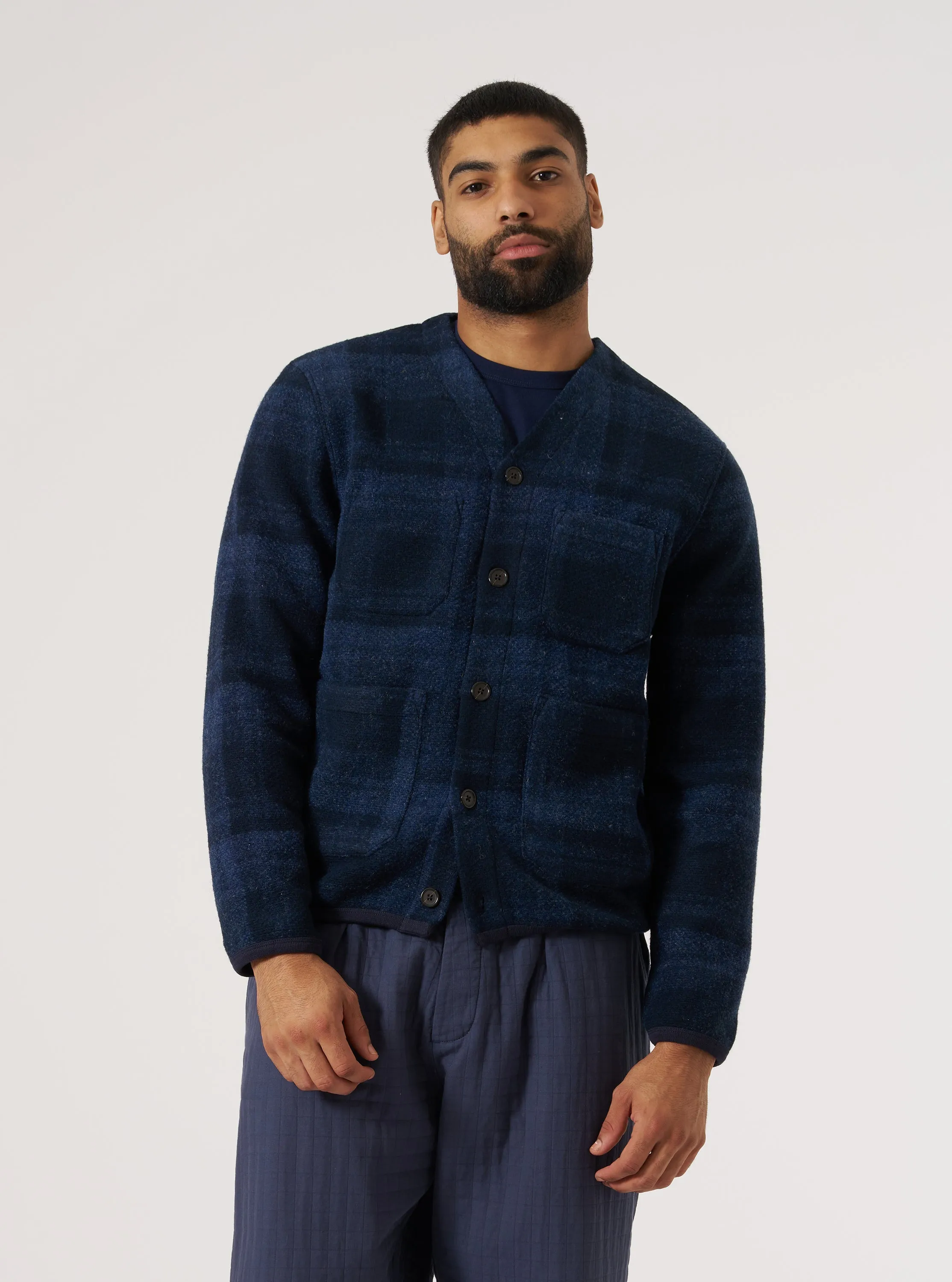 Navy Moh Check Fleece Cardigan thermal layer