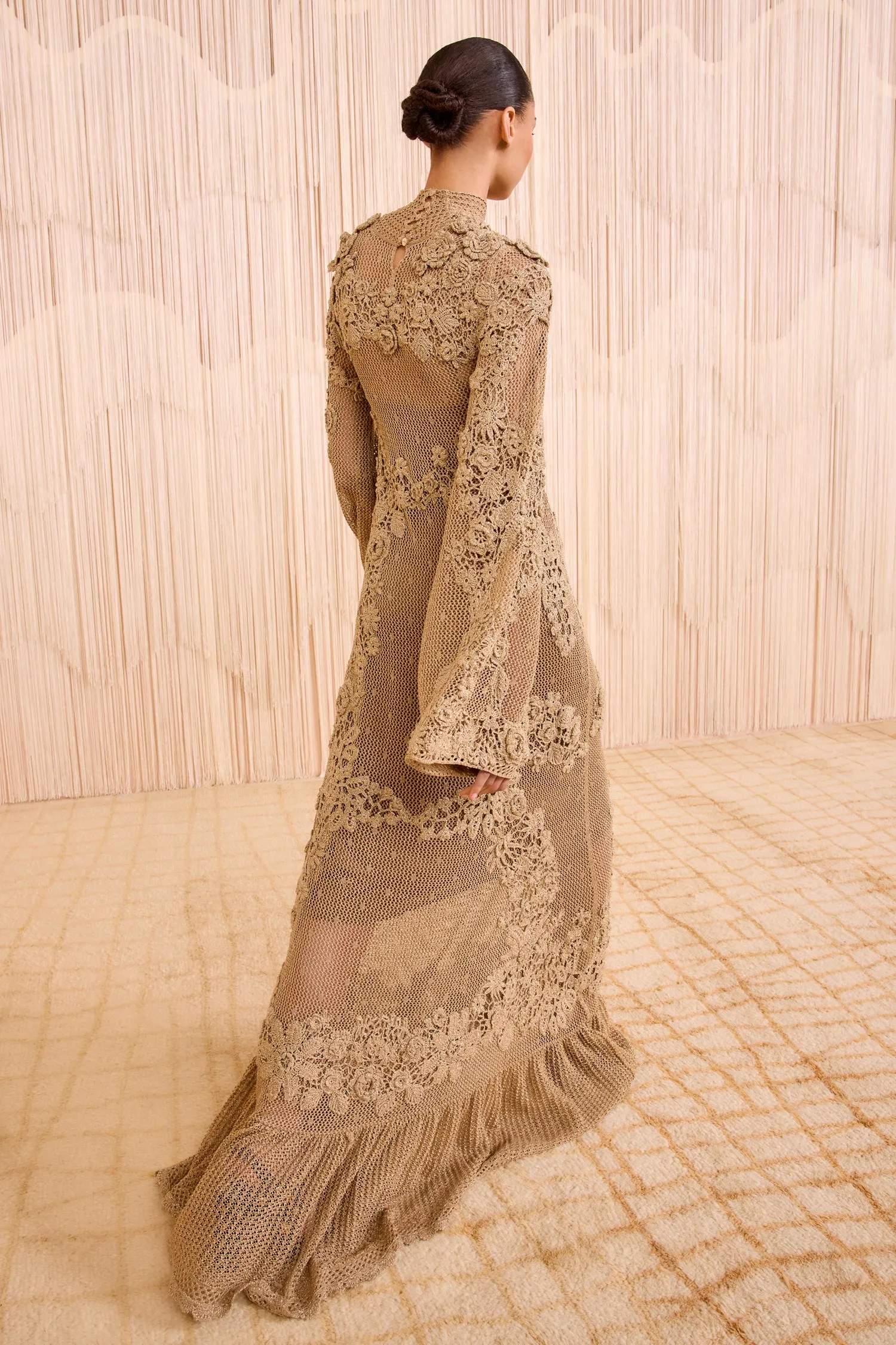 Leah Crochet Knit Maxi Dress - Lurex Combo Smooth Edge Binding Cozy Jacket